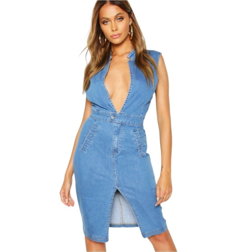 E2 Clothing Sleeveless Plunging Neckline Denim Jean Midi Dress Women's Small